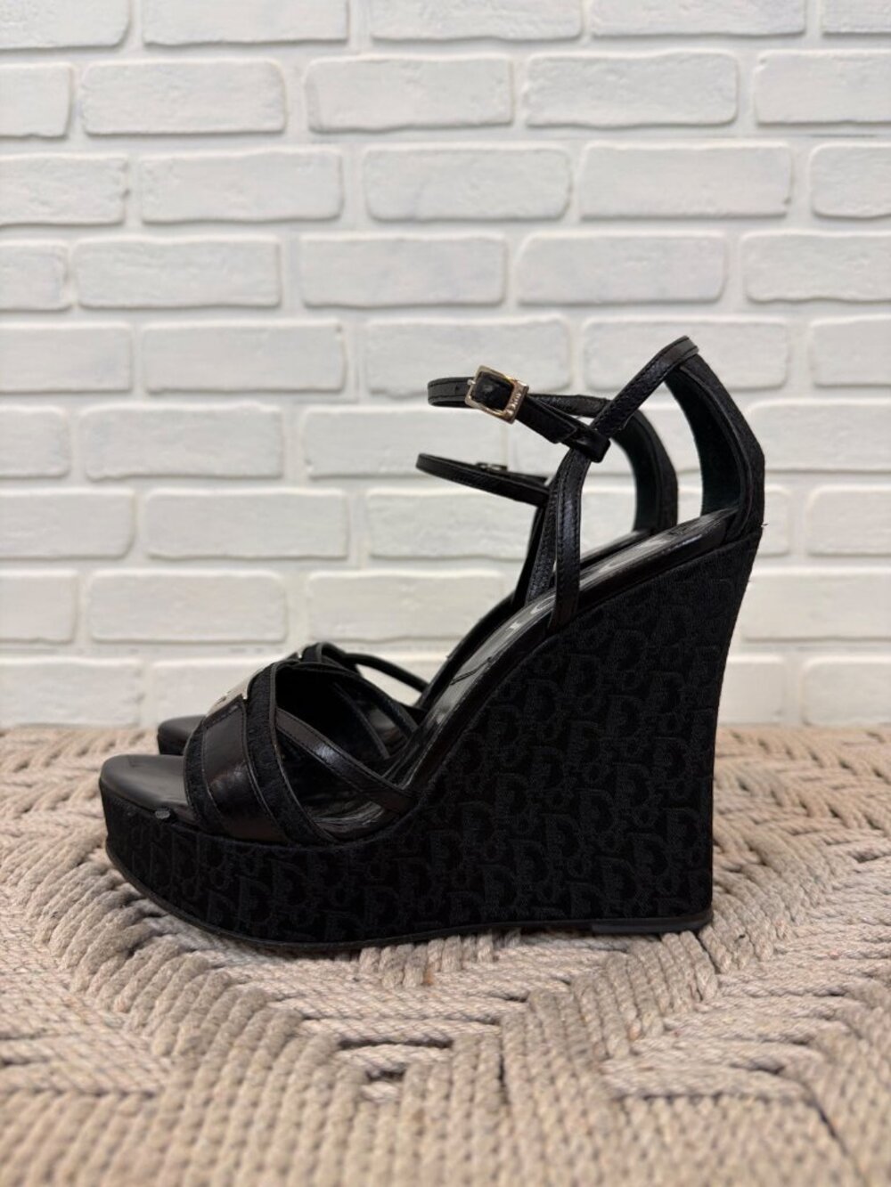 Vintage Christian Dior Diorissimo Trotter Monogram Platform Wedge Sandals Black